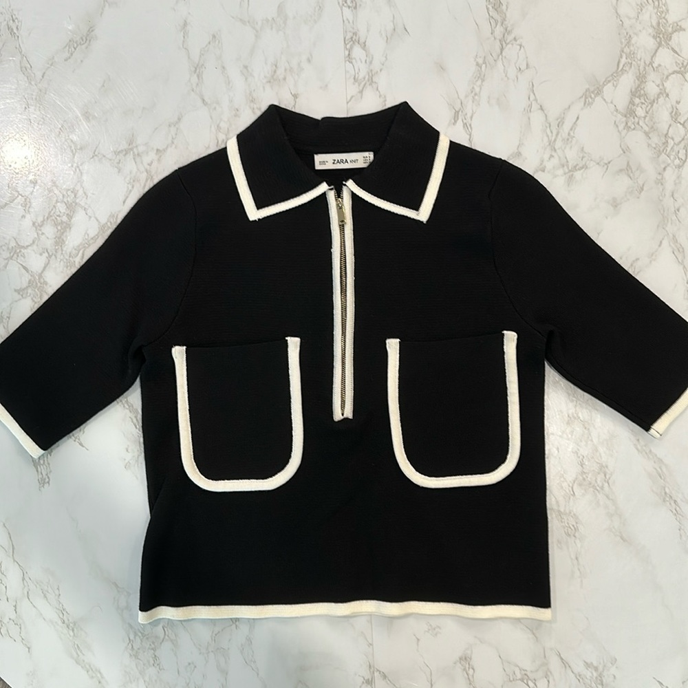 ZARA knit zip front short sleeve sweater top size Small